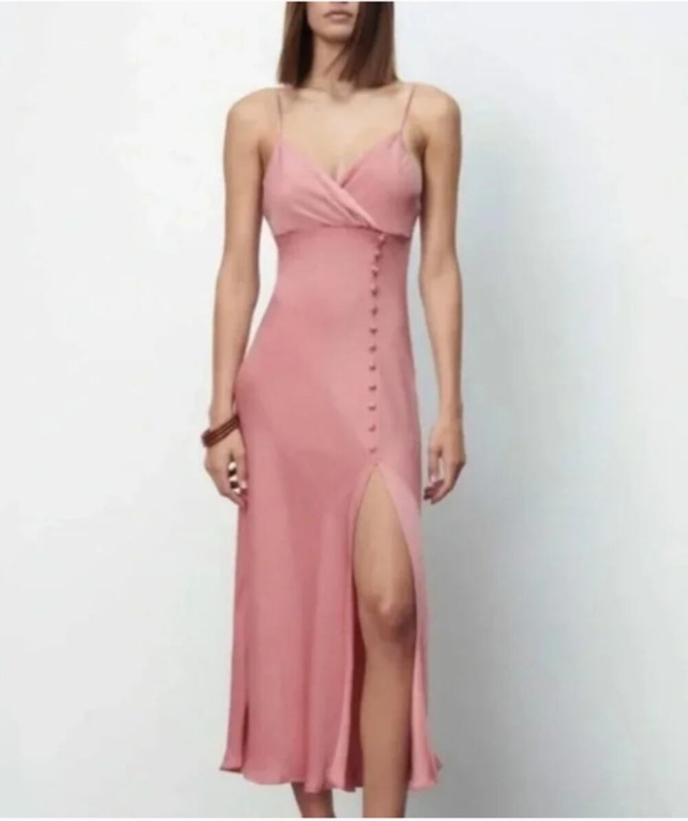 ZARA Size M Pink Satin Slip Dress Side Slit Spaghetti Straps Bloggers Favorite